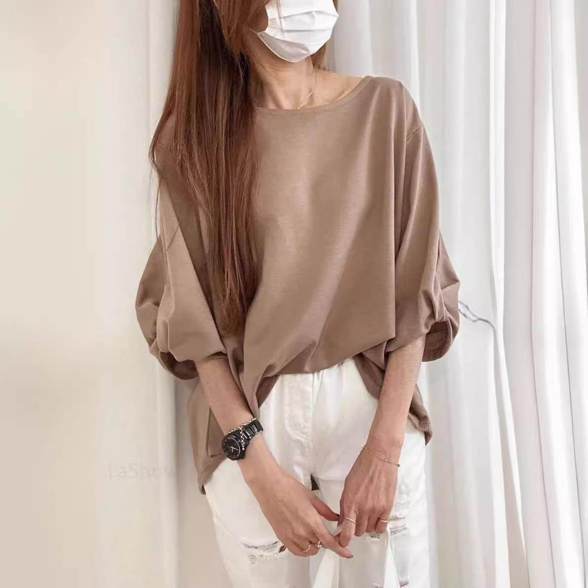 跨境爆款七分袖T恤女年早秋季新款时尚宽松遮肉显瘦半袖上衣ins风