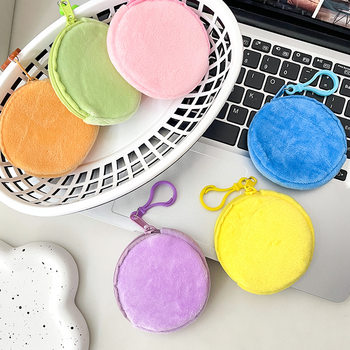 Candy Color Plush Round Coin Purse Women's Cute Wallet ID Card Bag Keychain Simple Coin Bag Gift