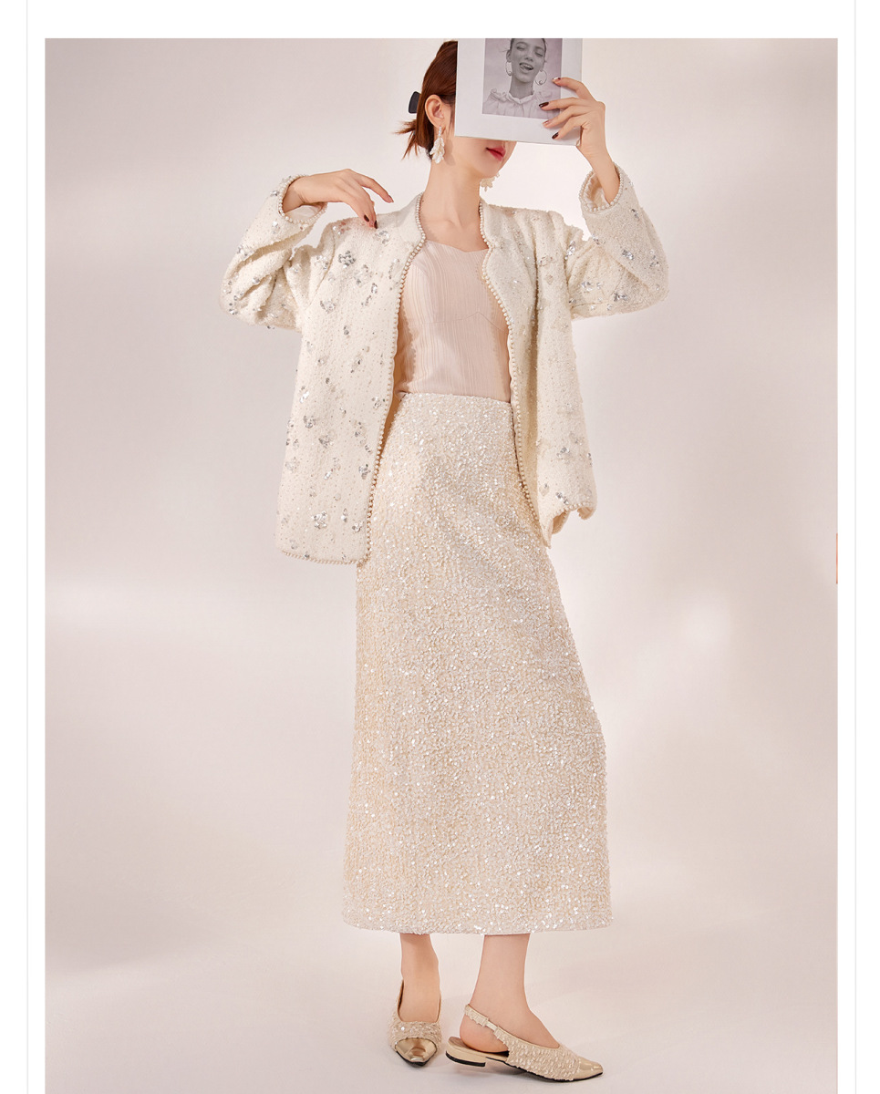Chân váy dài lưng cao dáng chữ A phối sequin lấp lánh — Màu mơ