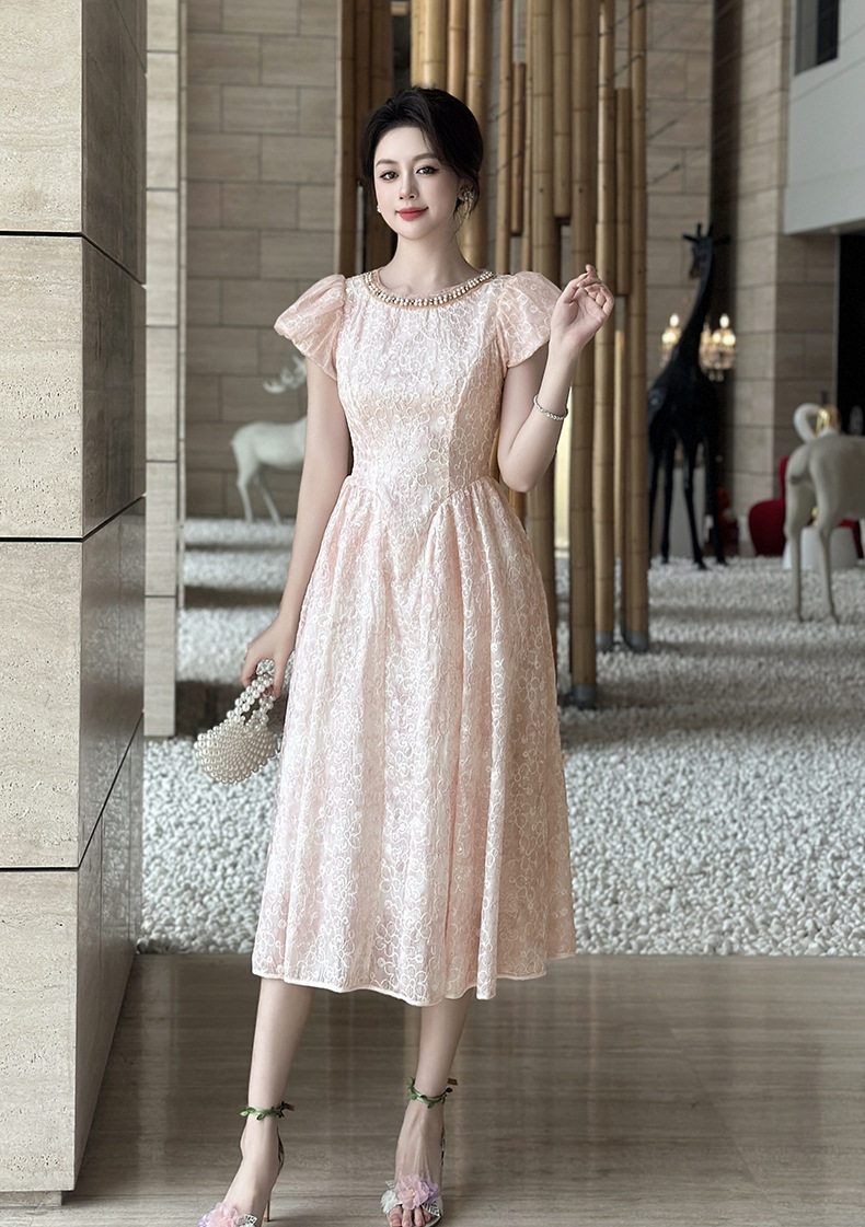 Đầm ren maxi nữ tay phồng eo cao dáng chữ A — [Hồng], [Mơ] chi tiết 14