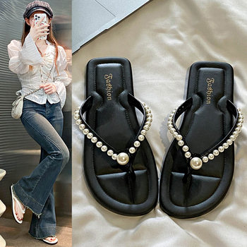 Summer New Solid Color Fashion Versatile Pearl Thong Women's Sandals Flat Low Heel High-End Women's Shoes