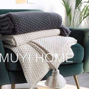 Ins Scandinavian Sofa Blanket Office Nap Blanket Tassel Knitted Wool Casual Air Conditioning Blanket Off-White Cotton