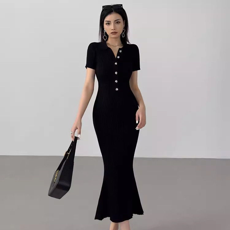 Long Polo Knit Dress Fishtail Hem Slim Fit Short Sleeve Bodycon Style Perfect for Office Wear Wholesale Available