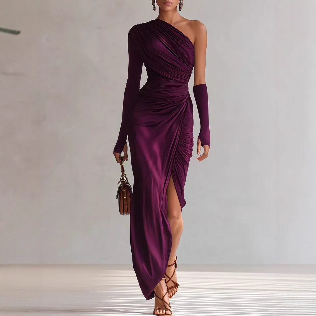 25年春秋新款纯色纹理长袖气质优雅法式连衣裙女