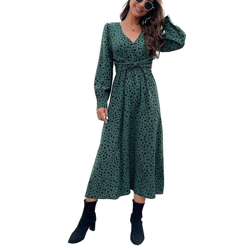 Long Sleeve Leopard Print Maxi Dress Green Color Trendy Design Autumn Fashion Wholesale Available