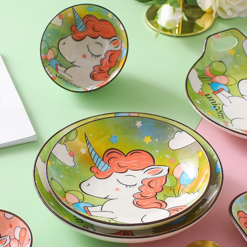 Unicorn ceramic bowl plate Japanese cartoon hand-painted tableware cute household children's rice noodle bowl dish plate suit