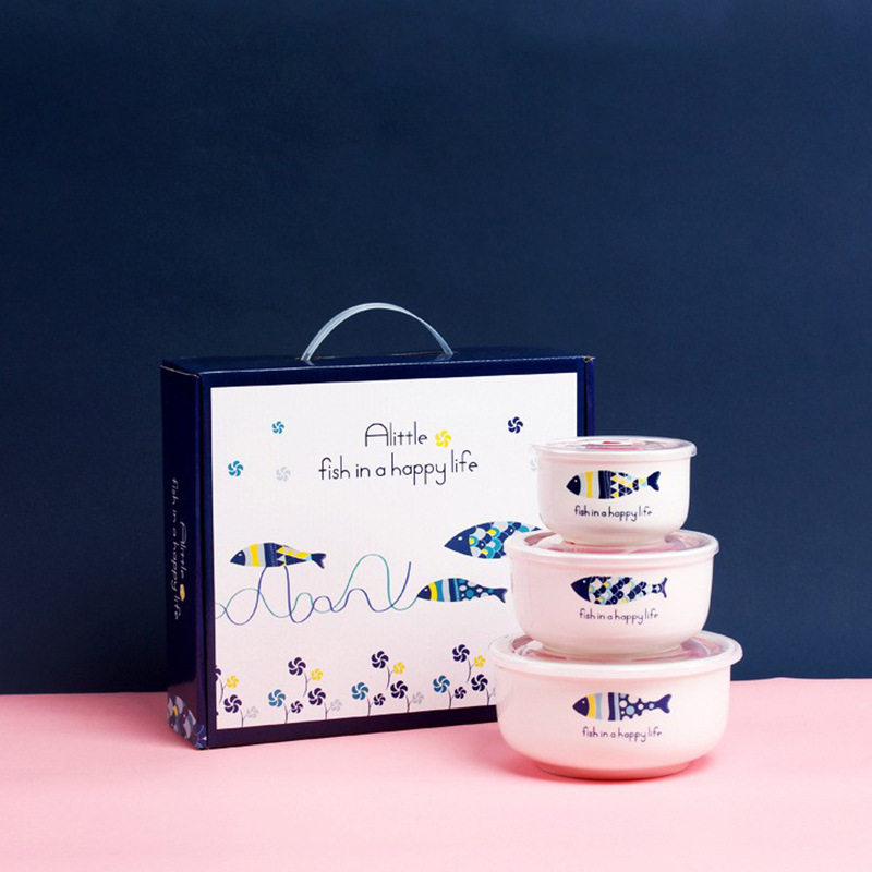 Ceramic Bowl Fresh-keeping Bowl Three-piece Set Sealed Bowl Tableware Set Handsome Gifts Daily Commodities Business Opening Staff Gifts