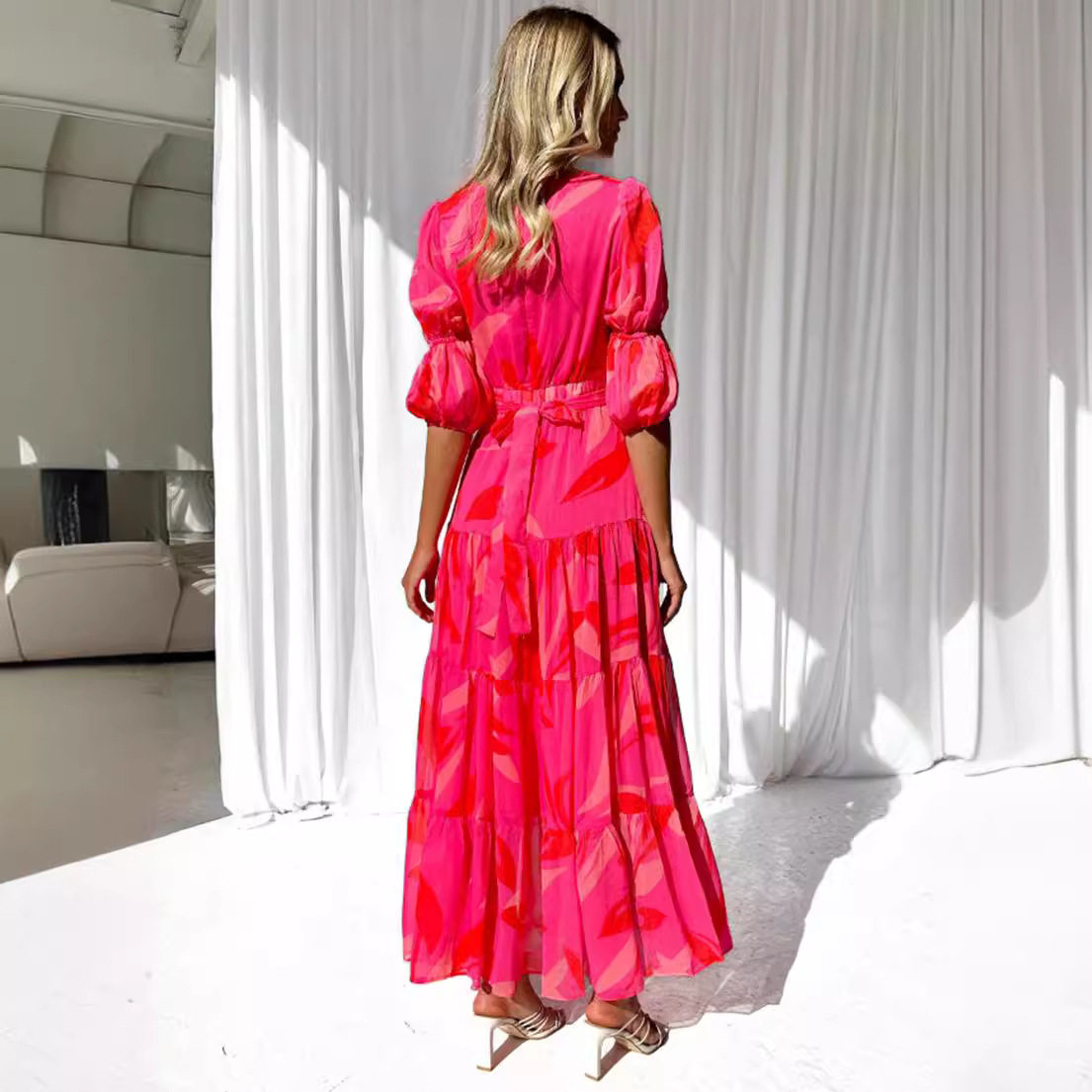 Summer Floral Print V Neck Dress Waist Defining Elegant Style Perfect for Casual Outings or Parties Wholesale