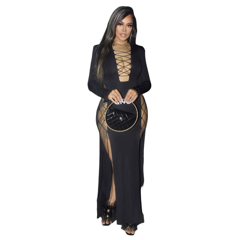 Elegant Long Sleeve Maxi Dress Deep V Neck High Slit Solid Color Slim Fit Spring Summer Fashion Wholesale