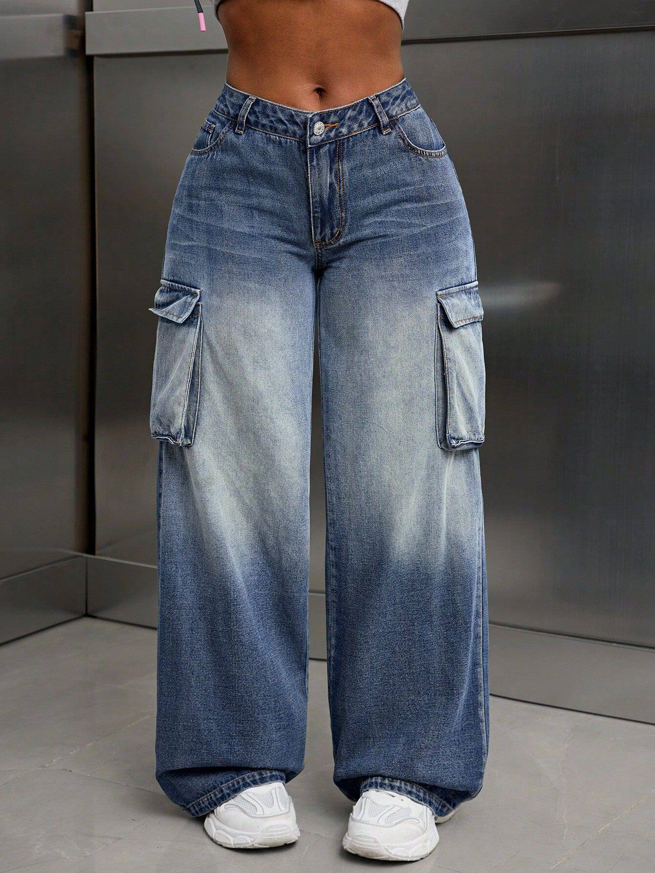 Loose Fit Wide Leg Denim Work Pants Multi Pocket Design Casual Everyday Wear Ready to Ship wholesale