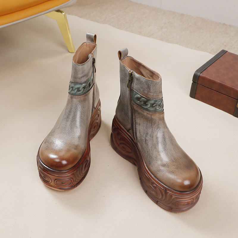 Boot nữ da bò cổ thấp gót cao khóa kéo bên — Màu kaki, Màu xám