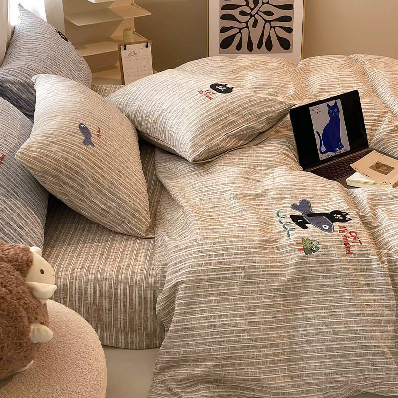 New four seasons ecological cotton and linen embroidery four-piece bed sheet-small black cat cartoon ins wind student three-piece set