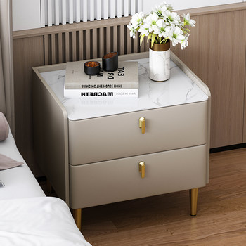 Trendy Luxury Bedside Table, Simple Modern Leather Bedside Cabinet for Home Bedroom, Mini Rock Slab Storage Organizer