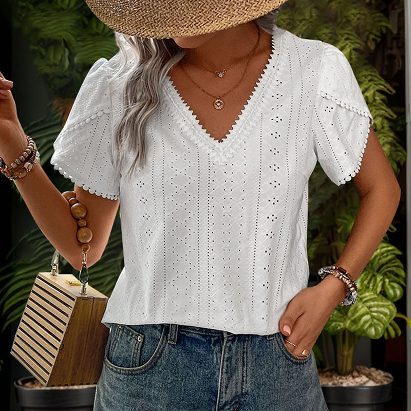 Casual Lace Trim V Neck Blouse Elegant Hollow Out Design Stylish Everyday Wear Wholesale Available