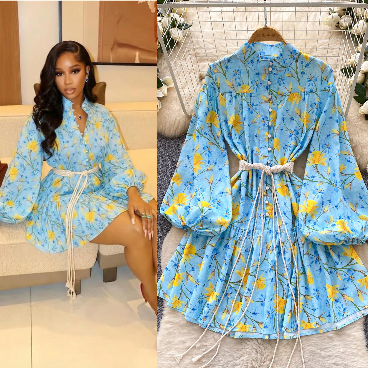 Vintage French Style Blue Floral Long Sleeve Dress Stand Collar Tie Waist Slim Fit A Line Elegant for Spring and