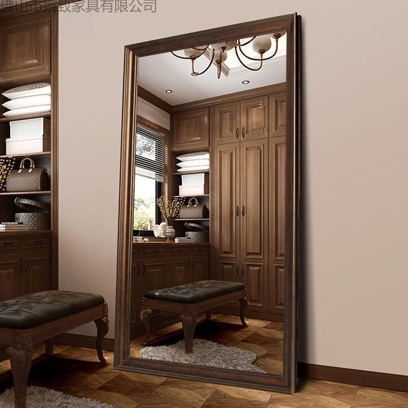 Retro Wooden Full-Length Mirror Floor-To-Ceiling Mirror Non-Deformable Household Removable Fitting Mirror Vertical Dressing Mirror Ins Style