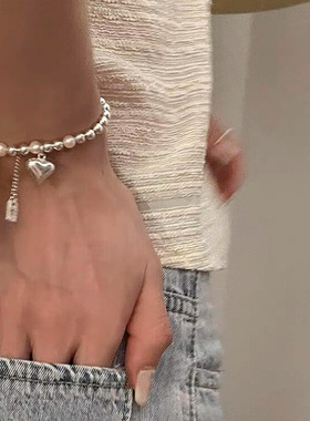 S925银手链手串女珍珠爱心吊坠方牌流苏简约小众设计款气质手饰品