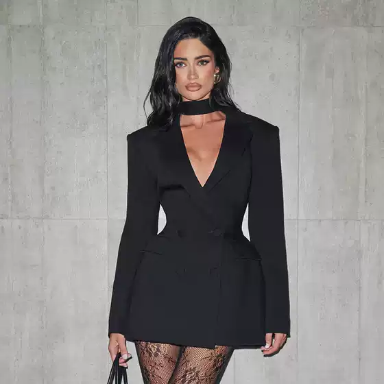 2025 New Autum Long-Sleeved European and American Style Fashionable Sexy Deep V Pure Color Casual Slim Suit Long-Sleeved Dress