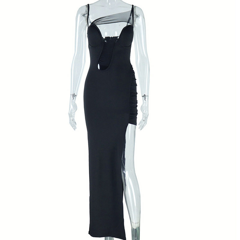 Sleeveless Mesh Panel Midi Dress Solid Color Hollow Out Side Slit Bodycon Fit Evening Wear Party Dress