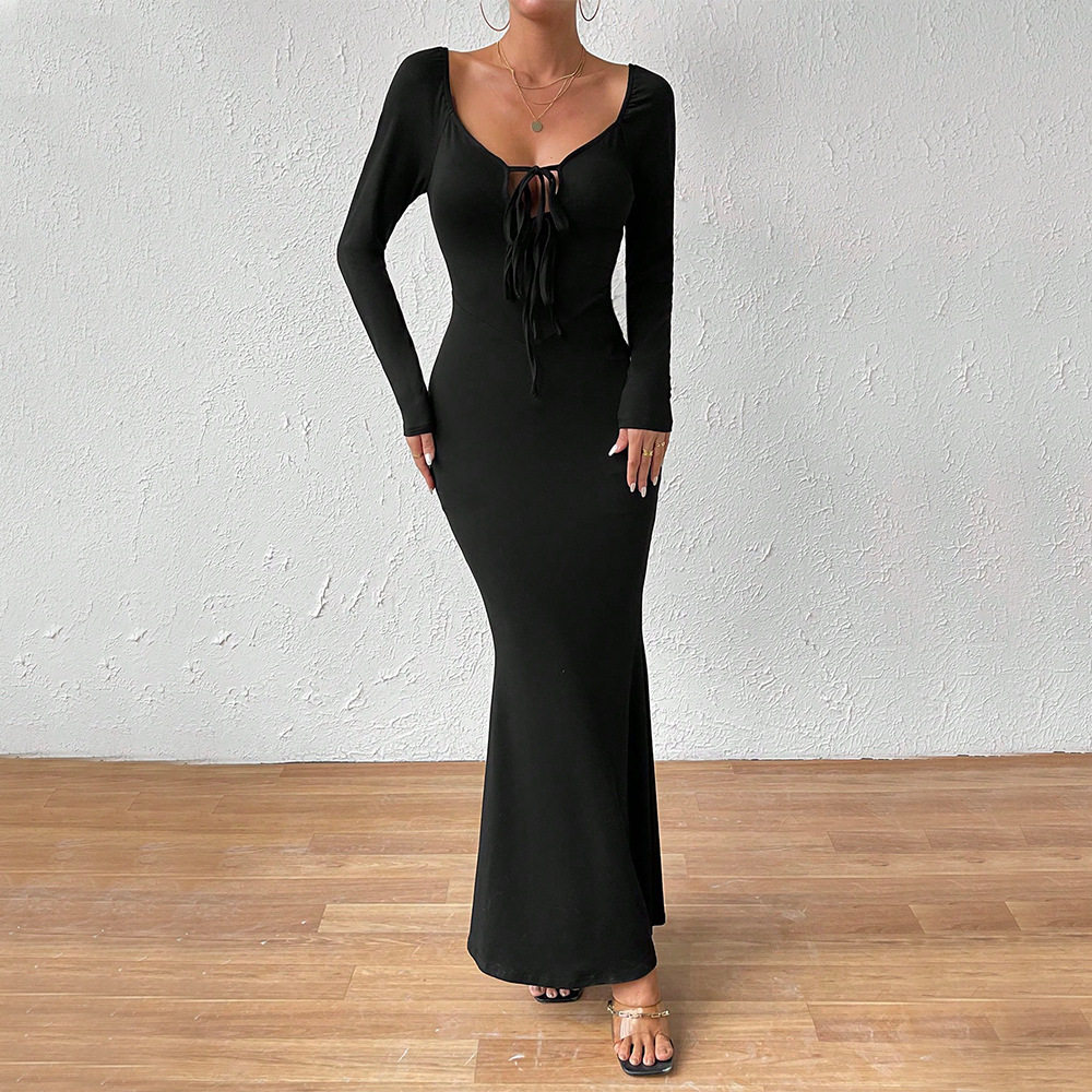 Elegant Long Sleeve Bodycon Dress with Deep U Neck and Front Tie Sexy Slim Fit Chic Style for Evening Events