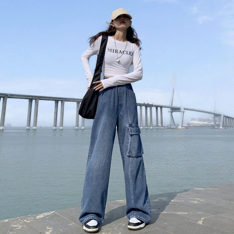 High Waisted Straight Leg Wide Leg Cargo Jeans for Women Versatile Plus Size Loose Fit Spring and Autumn Fashion