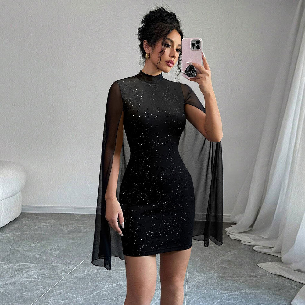 High Neck Bodycon Dress Black Short Sleeve Sequin and Mesh Paneling Evening Wear or Party Dress OEM Available