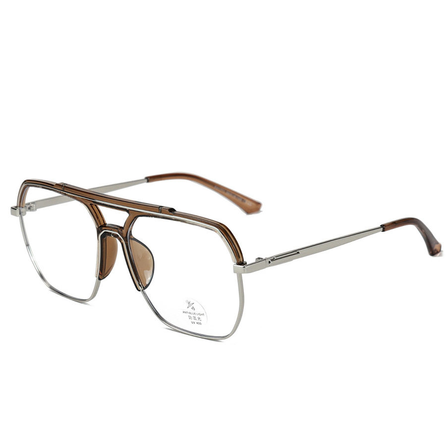 European and American Large Frame Double Beam Anti-Blue Glasses Ins Trendy Flat Glasses Frame Metal Plain Style Glasses Frame for Men and Women