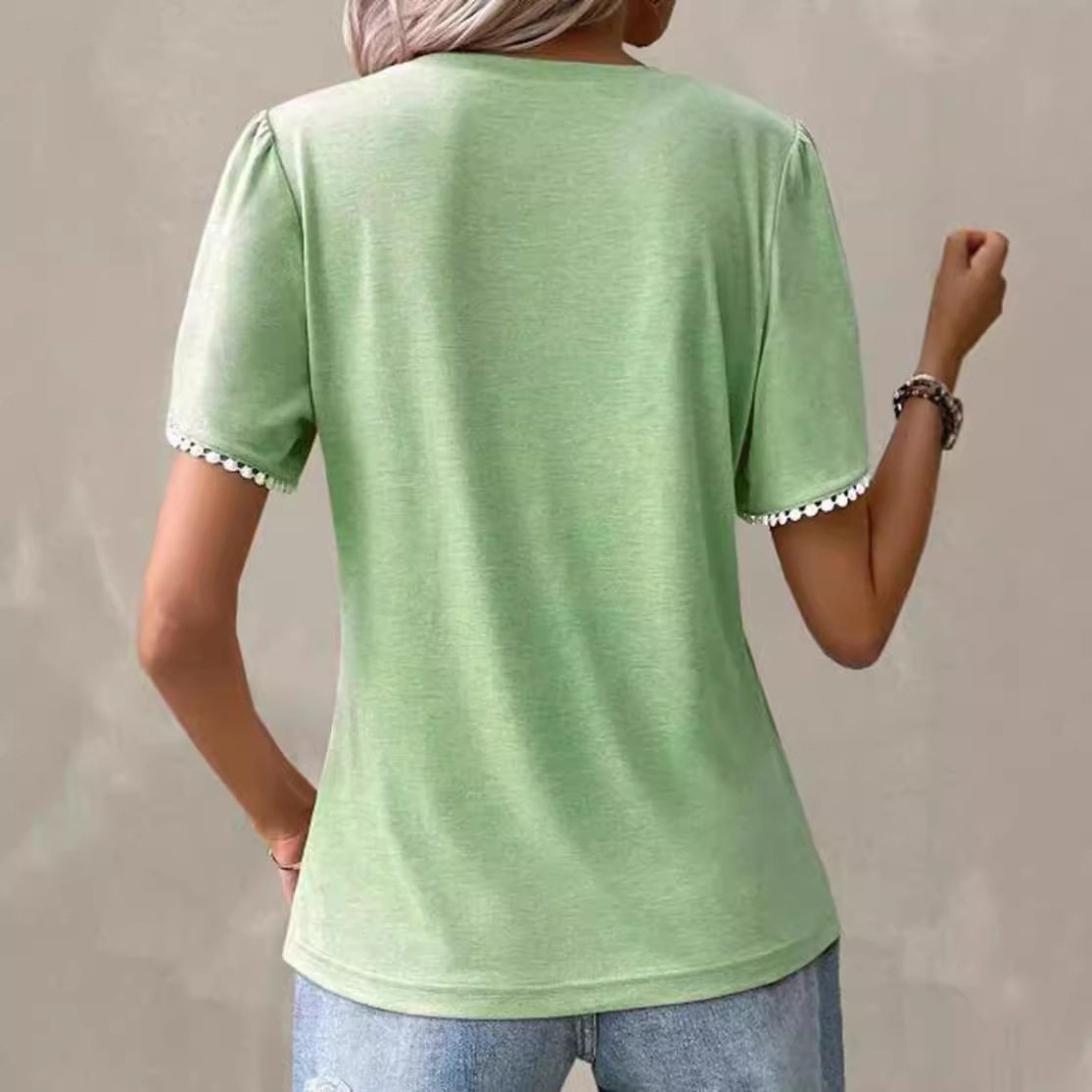 Short Sleeve Pleated T Shirt Round Neck Petal Sleeves Lightweight Fabric Summer Casual Wear for Women Wholesale