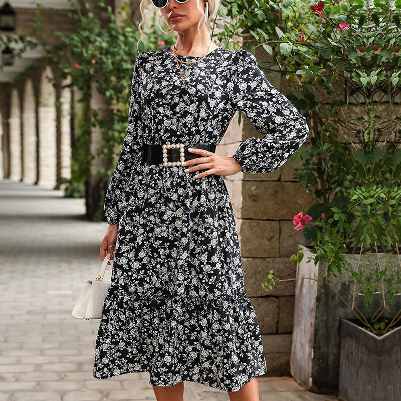 Womens Long Sleeve Black Floral Dress Elegant Design Autumn Winter Style Wholesale Available OEM ODM service