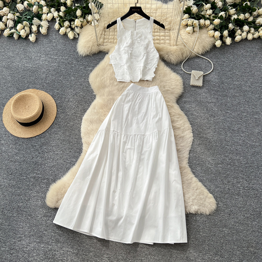 French Sweet Style Blue Vest and High Waisted Cake Skirt Two Piece Set for Women Summer Office Wear Slim Fit Elegant
