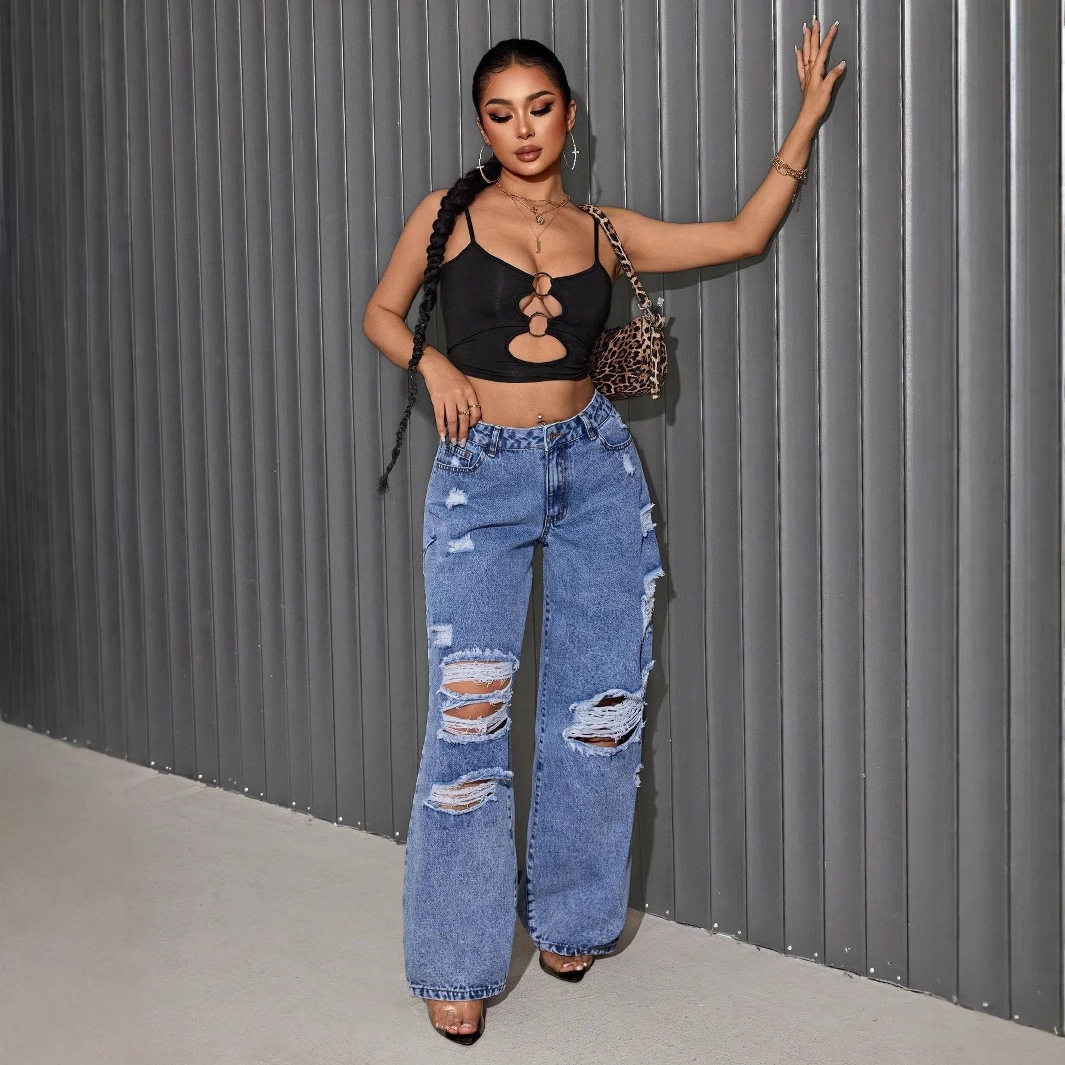 Womens Ripped Straight Leg Jeans Loose Fit Hip Hop Style Casual Wear Wholesale Available OEM ODM service