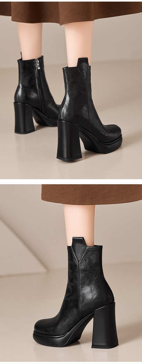 Boot nữ cổ thấp gót thô 10cm khoá kéo bên hông, da bò vân mềm phong cách Anh — Lớp lót đơn màu đen, Lớp lót đơn màu nâu, Lót nhung đen, Lót nhung màu nâu