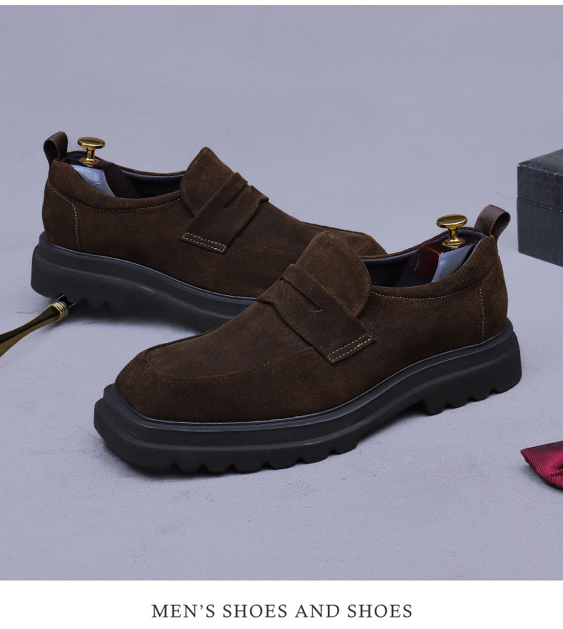 Giày loafer nam da bò lộn đế dày mũi vuông phong cách công sở — đen, màu nâu mocha