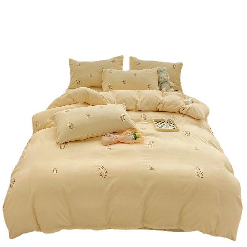 Simple Washed Cotton Four-piece Set Quilt Cover Bed Sheet Bed Hat Spring and Autumn Kit Korean Style Princess Style Cotton Bedding