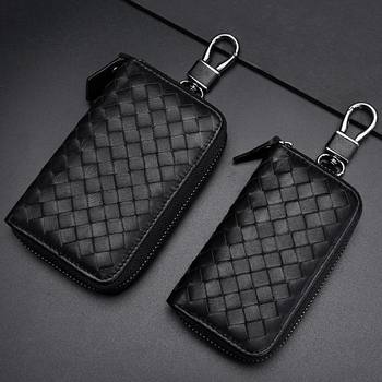 Braided Car Key Bag Men's Leather Car Key Case Men's Large Capacity Zipper Key Bag Portable Key Chain