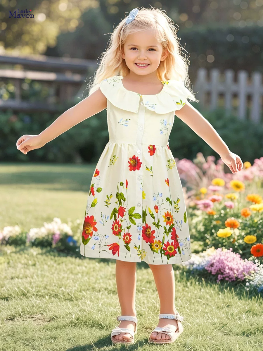 Girls' Summer Cotton Short-Sleeve Princess Dress, Ruffled Lotus Collar Kids' Dress