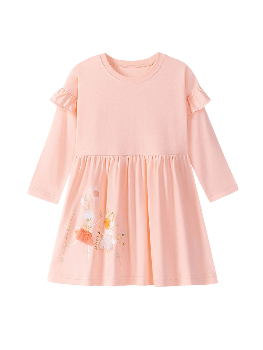 Source Factory Girls' Skirt Wholesale, Autumn Ruffle Sleeve Kids' Dress, Cartoon Heat Transfer Cotton Kids' Dress