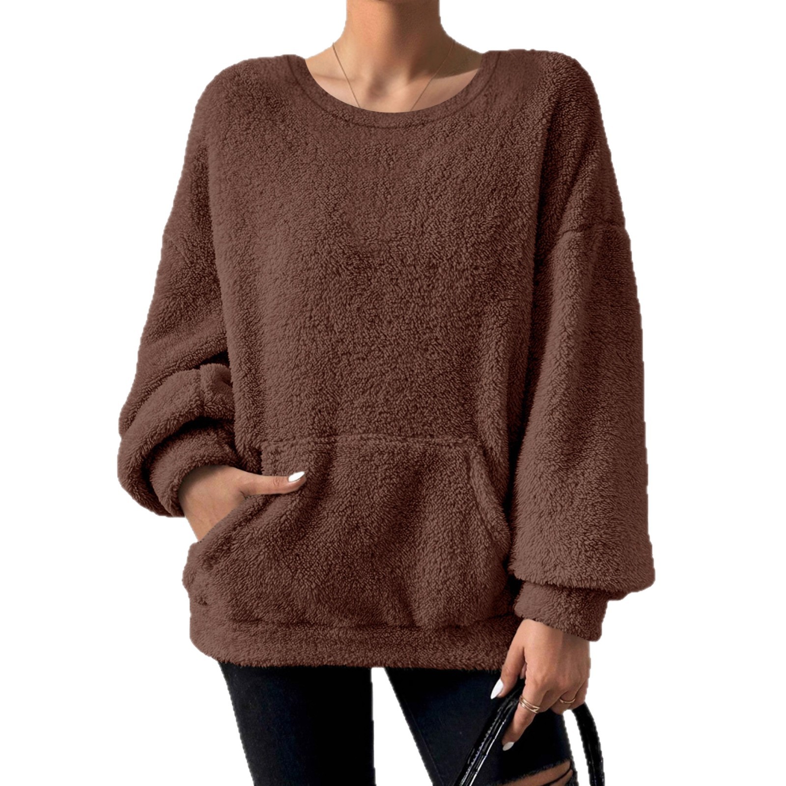 Casual Sweatshirt Solid Color Round Neck Long Sleeve Pocket Design Autumn Winter Fashion Wholesale Available