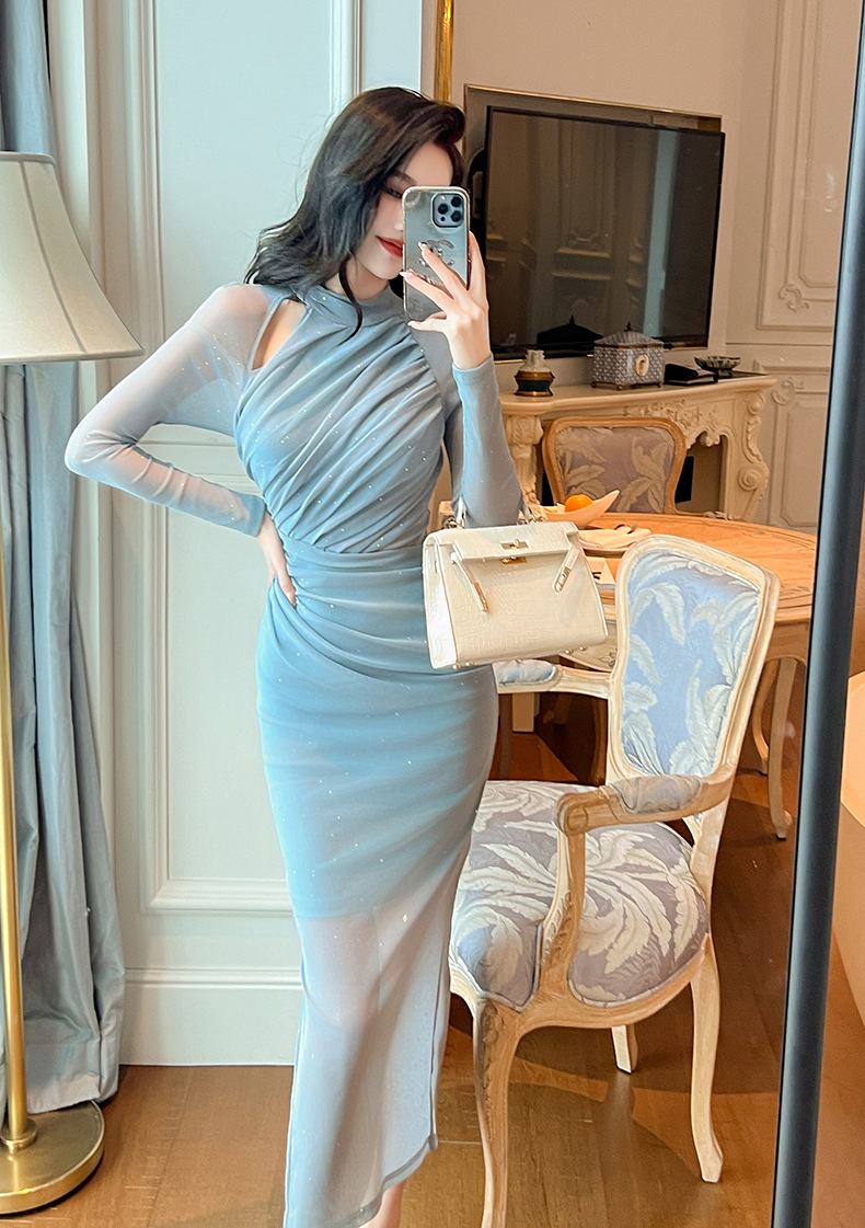 Đầm nữ dài tay cổ đứng khoét lỗ xếp li ôm body phối lưới — Xanh lam sương nước