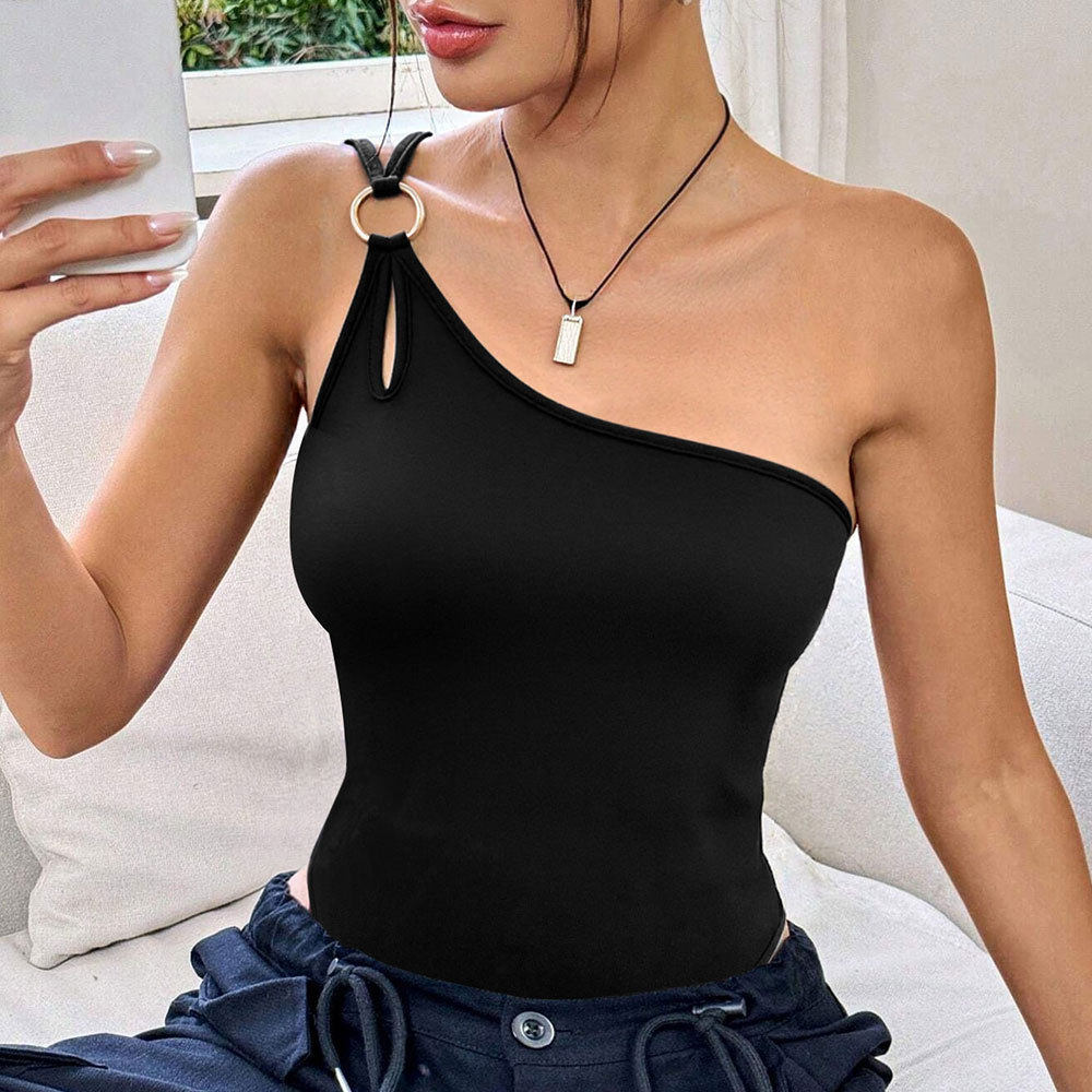 Womens One Shoulder Bodysuit Solid Color Metal Accents Hollow Design Sexy Fitted Top for Parties Wholesale