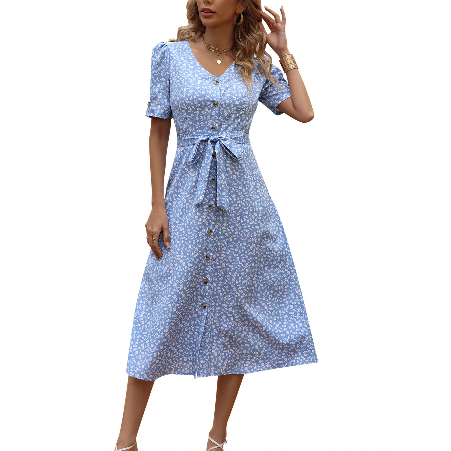 Floral Knot Dress Elegant Casual Style Suitable for Commuting and Vacations Available for Wholesale