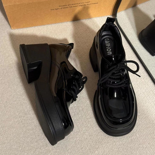 Black Thick-Soled 6cm Height-Increasing Mary Jane Wasteland Style Spring and Summer Small Leather Shoes Platform-Soled Slip-On Versatile Loafers