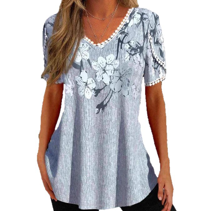 Womens Summer V Neck Floral Print Top Short Sleeve Lace Trim Comfortable Casual Style Wholesale Available
