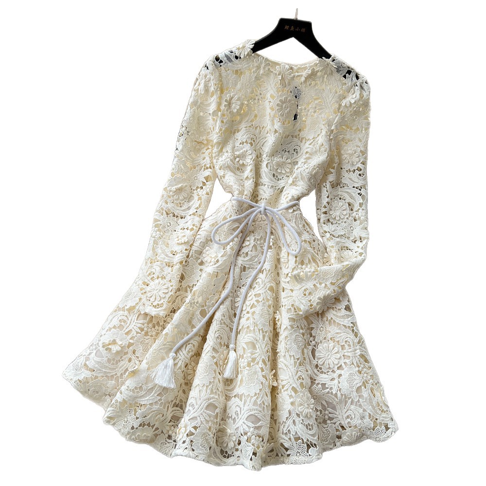 French Style Hollow Out Lace Dress Slim Fit Long Sleeve Waist Defining A Line Summer Elegance for Special Occasions