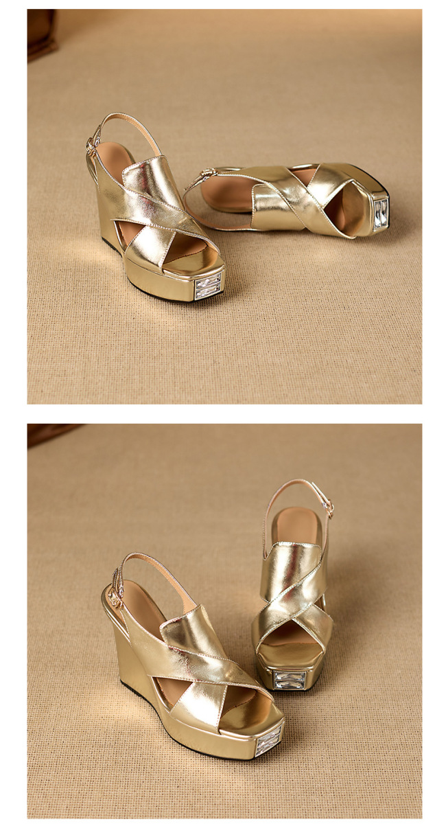 Sandal nữ gót dốc hở mũi da bò phối quai ngang tôn dáng — Màu bạc, Màu vàng