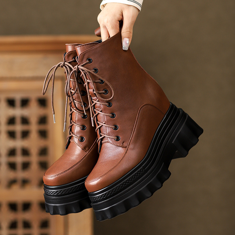 Boot Martin nữ đế dày tăng chiều cao 10cm, cổ thấp gót nêm da bò thật — Lớp lót đơn màu đen, Lớp lót đơn màu nâu sẫm, Lớp lót nhung đen, Lớp lót nhung màu nâu sẫm