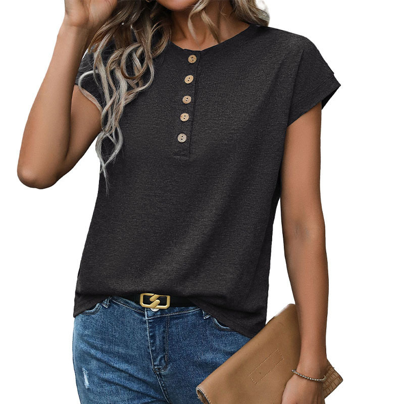 Casual Short Sleeve T Shirt for Women Round Neck Button Front Solid Color Versatile Everyday Wear Wholesale