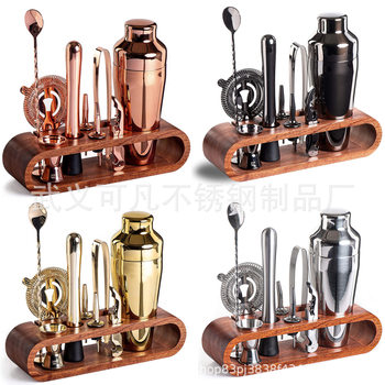 Amazon French 600ml Stainless Steel Cocktail Shaker 10 Piece Set Bar Shaker Set with Bamboo Rack