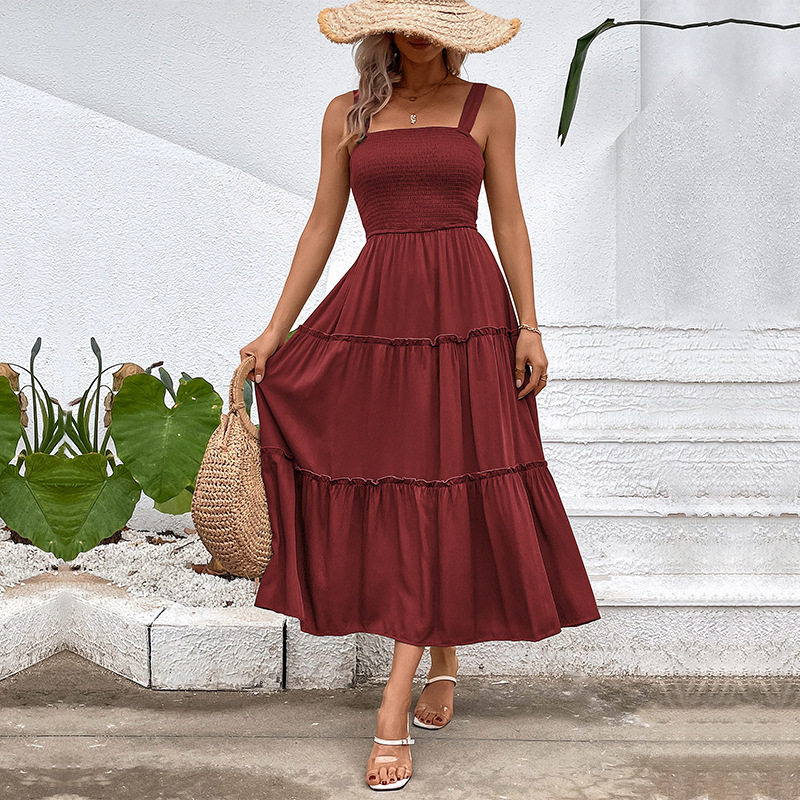 Casual Summer Dress Solid Color Adjustable Straps Waist Tie Design Beach Vacation Essential Wholesale Available