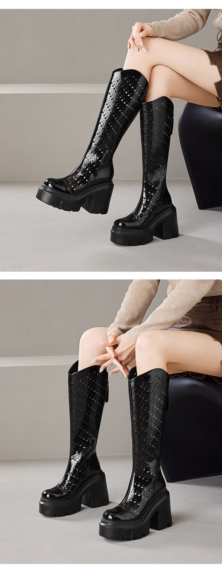 Boot nữ cổ thấp da láng thoáng khí gót cao 8 cm — [Màu hồng đào], [Màu đen] chi tiết 5